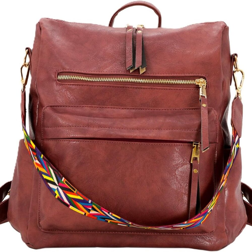 Convertible Backpack Purse for Women, Vegan Leather, Removable Strap (Camel)